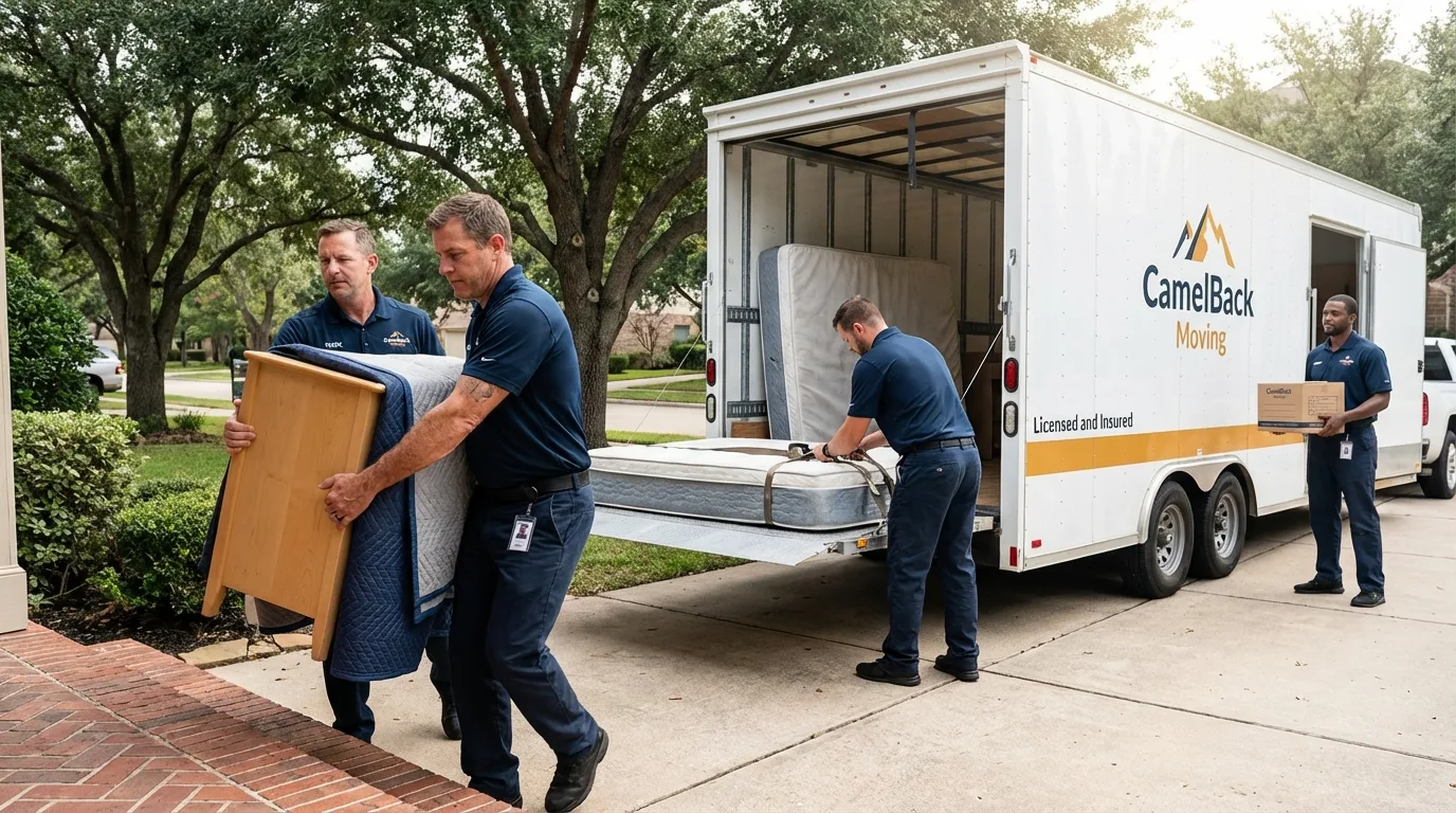 Crew loading residential truck for cross-state move from Farwell, TX