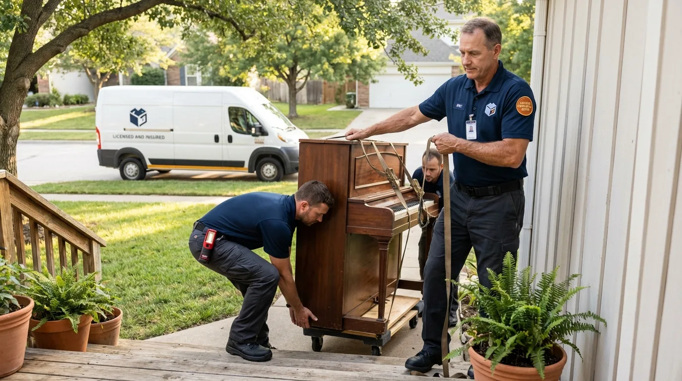 Licensed piano movers securing grand piano in Farwell, TX