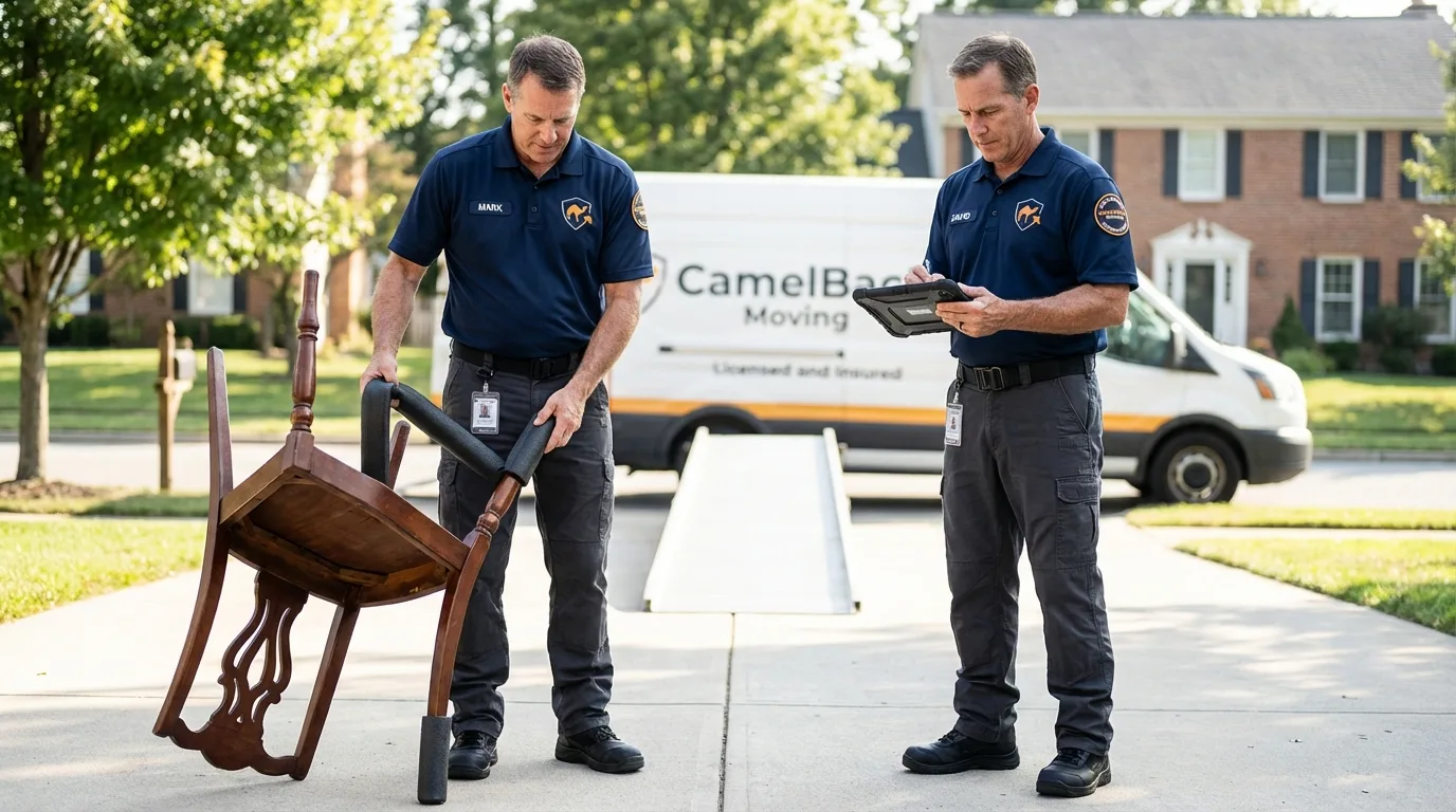 Movers inspecting furniture for damage prevention before loading in Farwell, TX